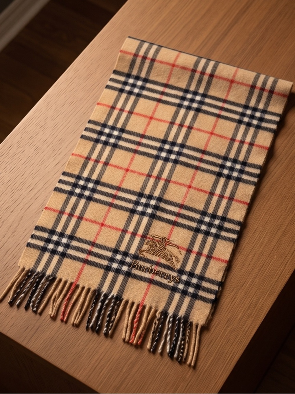 Burberry Beige Check Wool Scarf with Navy & Red Accents